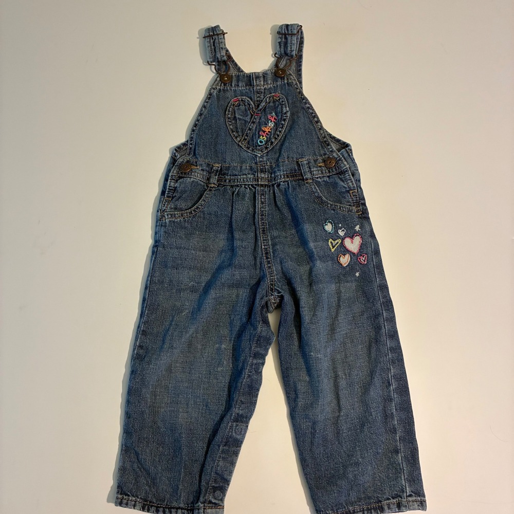 OshKosh Bgosh Girls 24 Months Blue Denim Heart Embroidered Bib Overalls 434A117
